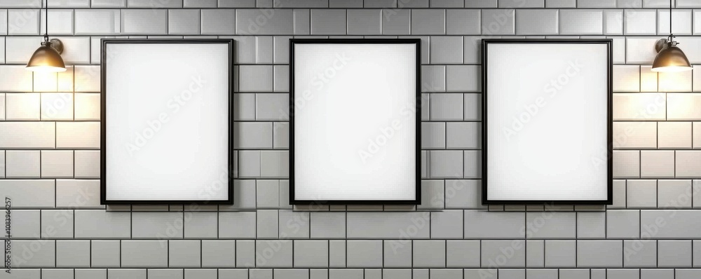 Poster a minimalist display of three empty frames hanging on a tiled wall, illuminated by vintage-style lig