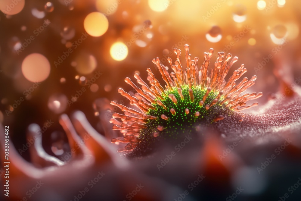 Poster close-up view of a vibrant microorganism with intricate details and glowing textures