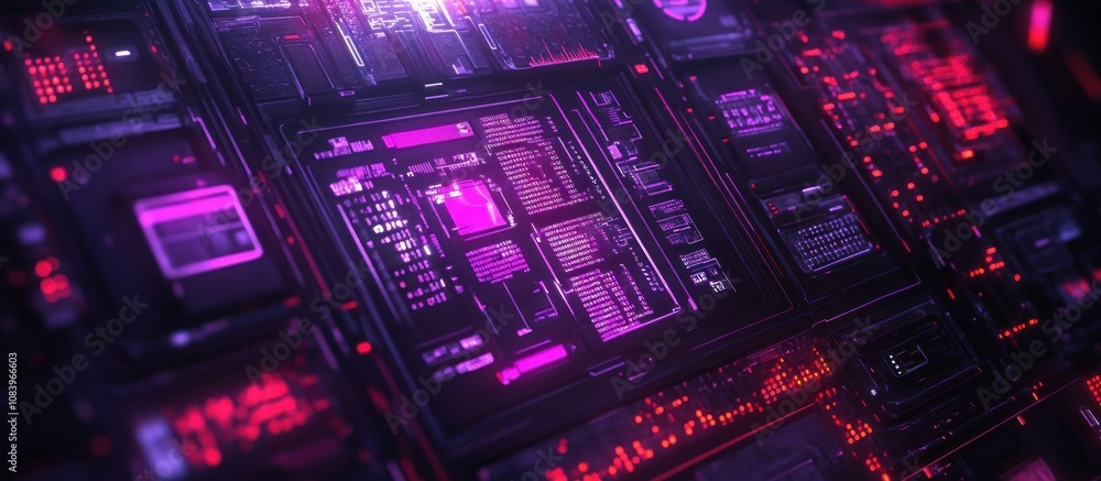 Poster futuristic digital interface with glowing screens and circuits.