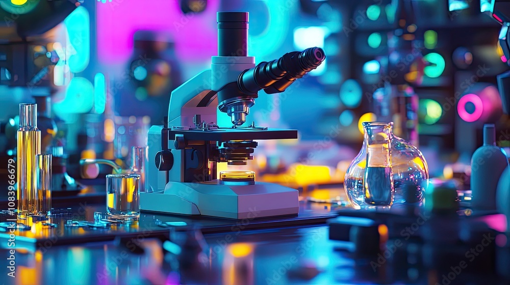 Poster here's a and keyword list for your image... futuristic lab scene with microscope and glassware under