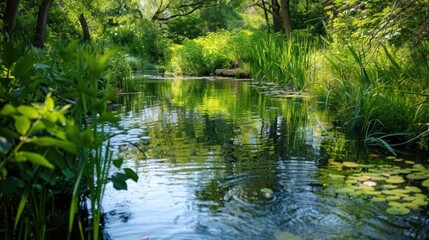 Smart water systems with efficient resource management and deep depth of field in a tranquil natural landscape featuring a scenic lake river or stream surrounded by lush vegetation and a serene