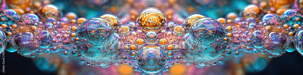 Poster a kaleidoscope of bubbles and fizzy shapes in a distorted mirror.