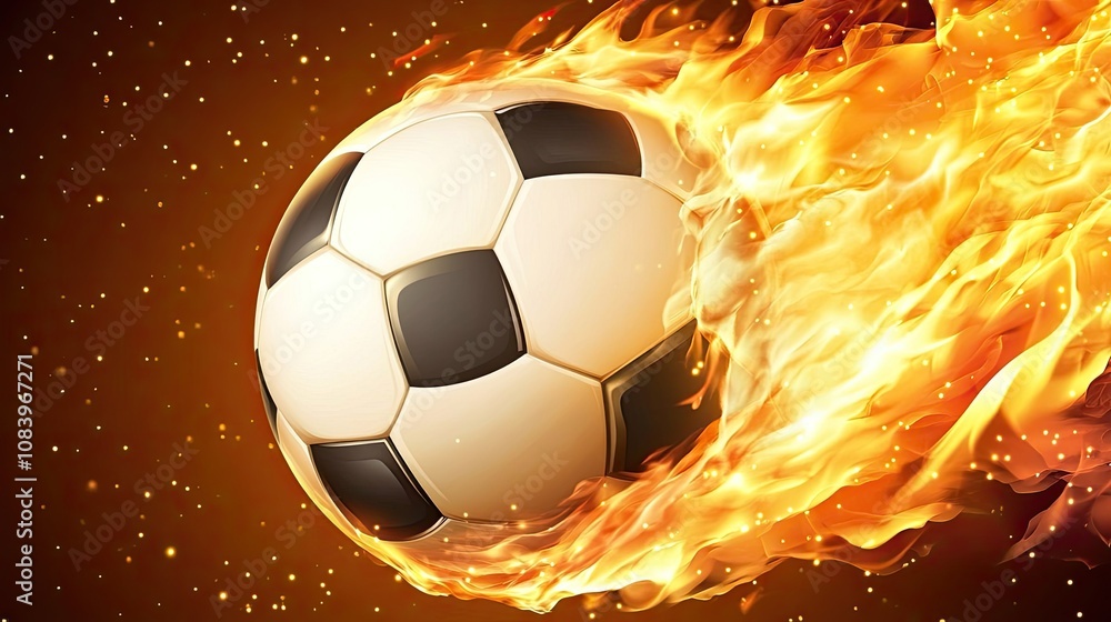 Poster here's a and keyword list suitable for stock photo submission.. fiery soccer ball in motion.