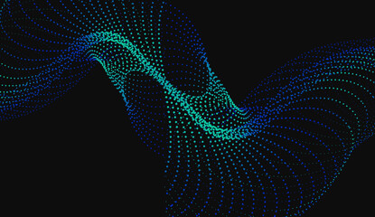 Abstract futuristic blue wave with moving dots on blackbackground. Flow of particles with glitch effect graphics for brochures, flyers, magazines, business cards and banners