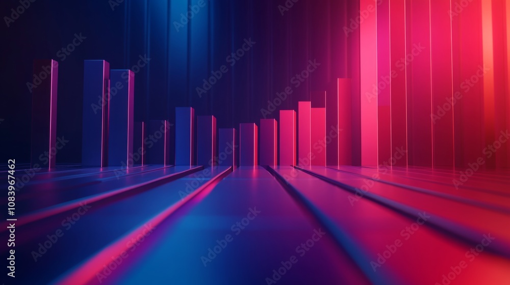 Poster abstract visualization of colorful vertical bars and lines in blue and red hues creating a futuristi