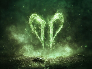A luminous green Aries symbol emerges from cosmic smoke, signifying courage, vitality, and new beginnings.