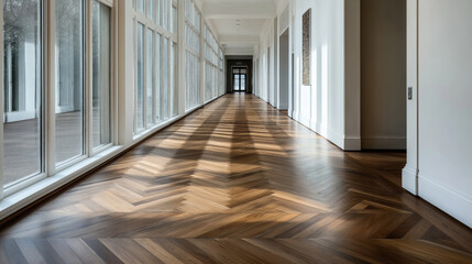 Fototapeta premium Long elegant corridor with large windows and herringbone parquet flooring, featuring soft natural light and minimalistic wall decor.