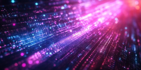 Obraz premium A retro synthwave background with neon grid lines and purple, blue and pink light rays. '80s aesthetic with glowing geometric patterns and grid structures. Retro Sci-Fi Background Futuristic Grid 