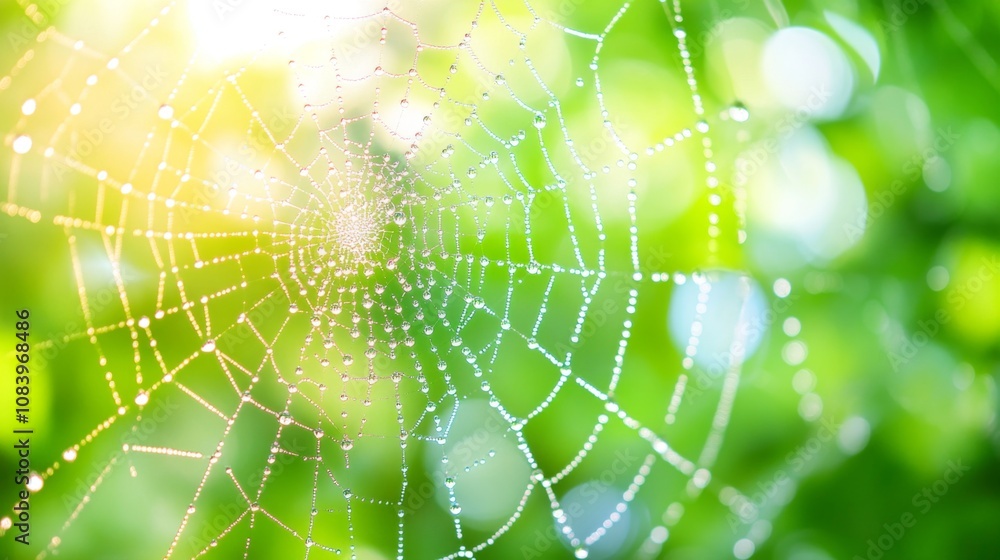 Poster glimmering spider web with dewdrops set against a blurry green background, capturing the beauty of n