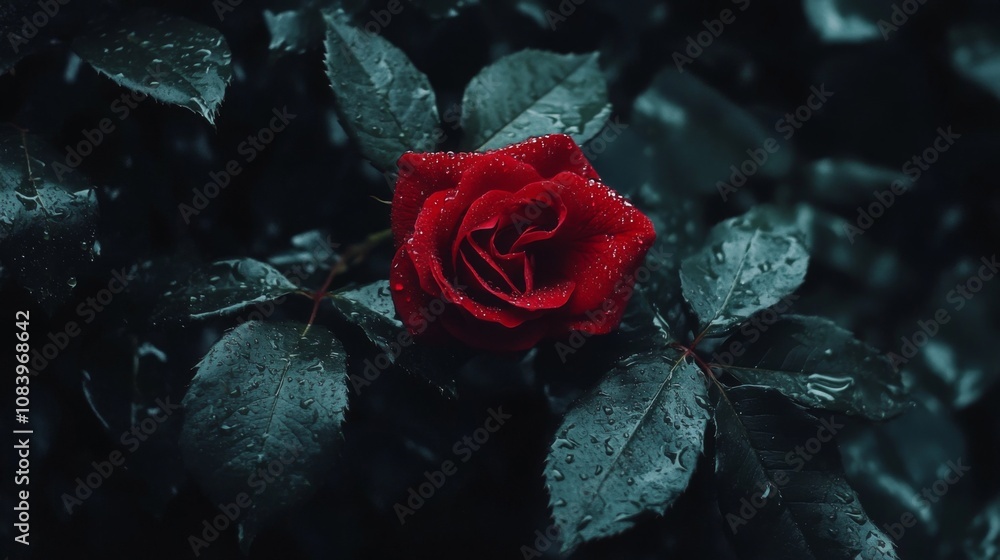 Poster stunning red rose with dew drops on dark green leaves in a moody setting perfect for romantic themes