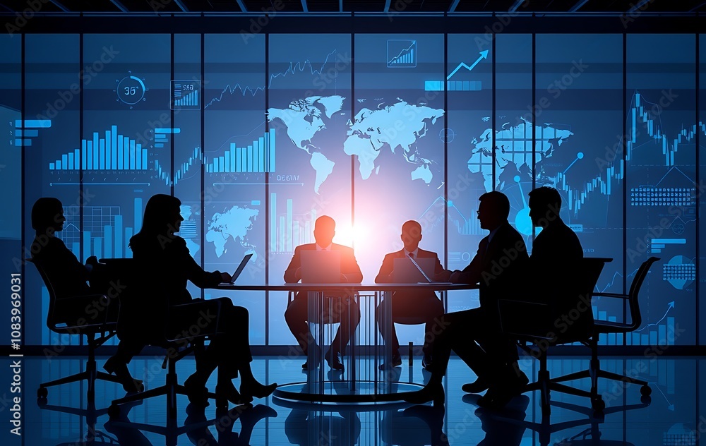 Poster corporate team strategizing in a collaborative meeting with digital technology tools for advanced ma