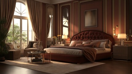 Fototapeta premium Luxurious Bedroom Interior Design Featuring Rich Colors, Elegant Furnishings, Ambient Lighting, and Cozy Atmosphere in a Warm and Inviting Space