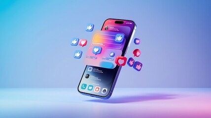 Realistic 3D Smartphone Render with Interactive Social Media Icons, Futuristic 3D Smartphone Mockup Featuring Social Media Notifications and Symbols