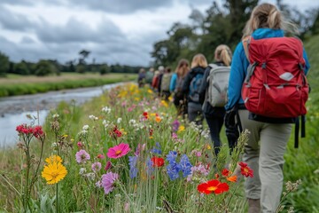 Group hiking along a vibrant floral trail by a river under cloudy skies.