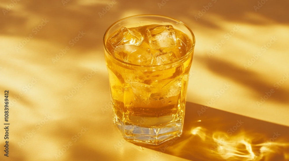 Poster Refreshing glass of cold beverage with ice cubes on a warm golden background showcasing a summertime vibe filled with sunlight and leisure.