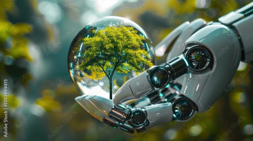 Poster sphere in robot hand with tree icon. green technology and environment technology. scientific stock a