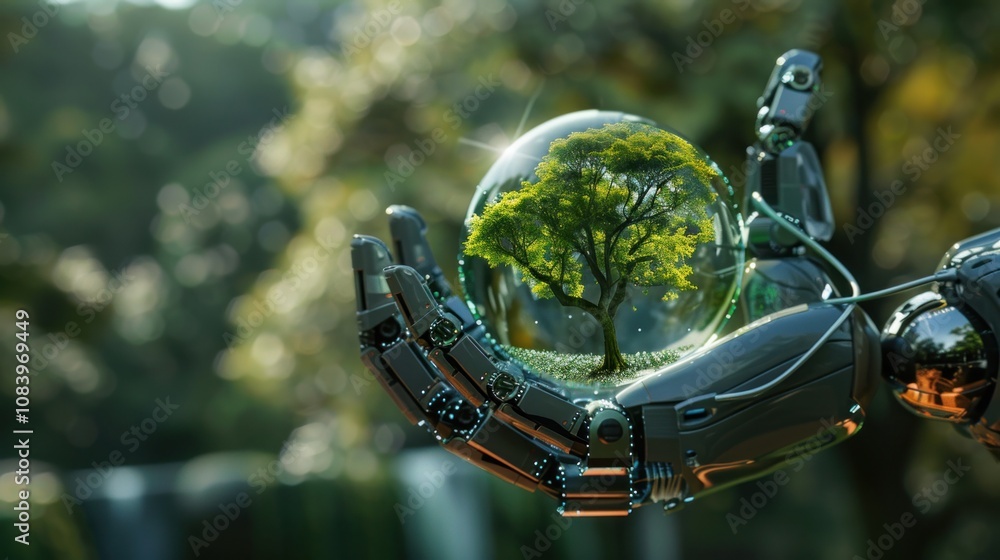 Poster sphere in robot hand with tree icon. green technology and environment technology. scientific stock a