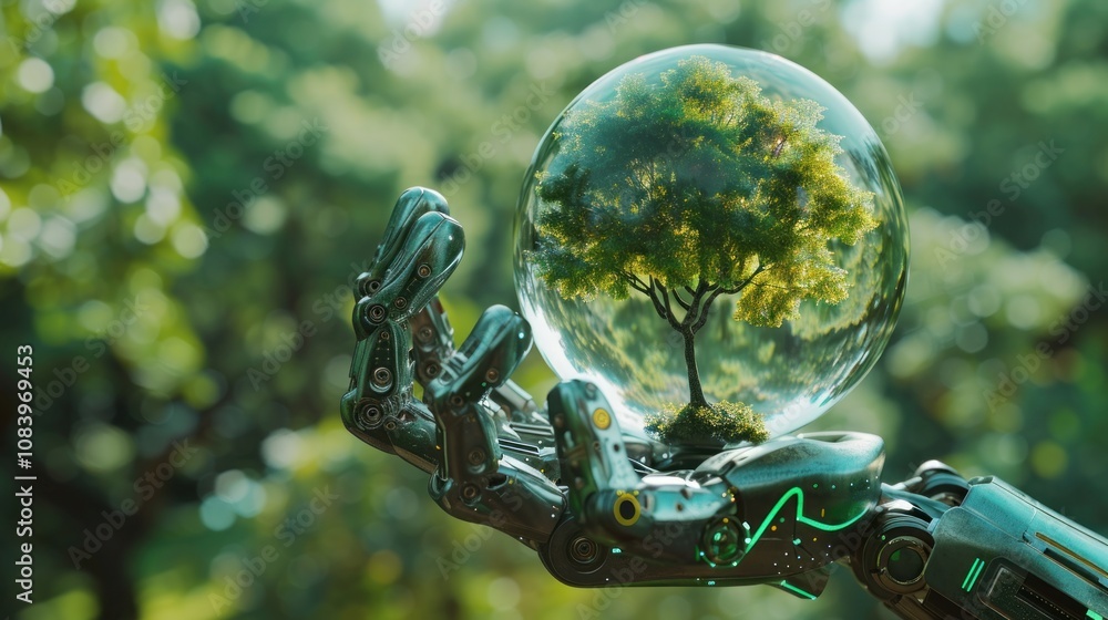 Poster sphere in robot hand with tree icon. green technology and environment technology. scientific stock a