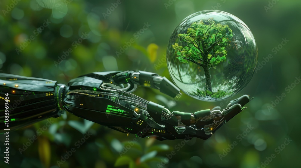 Poster sphere in robot hand with tree icon. green technology and environment technology. scientific stock a