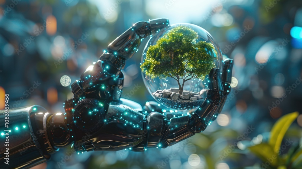 Poster sphere in robot hand with tree icon. green technology and environment technology. scientific stock a