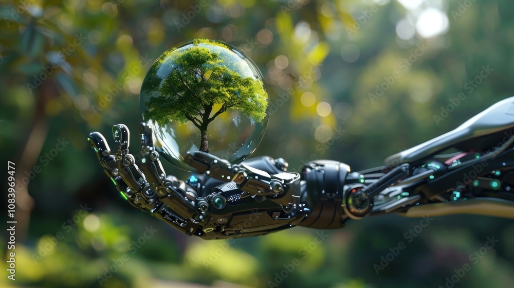 Poster sphere in robot hand with tree icon. green technology and environment technology. scientific stock a