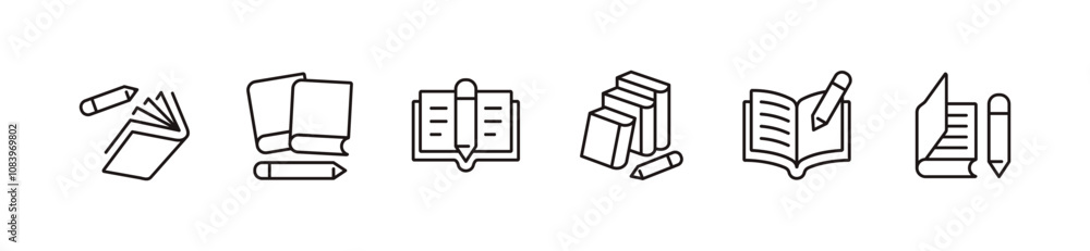 Poster book with crayon line icon set education writing task study book and pencil signs outline vector bus