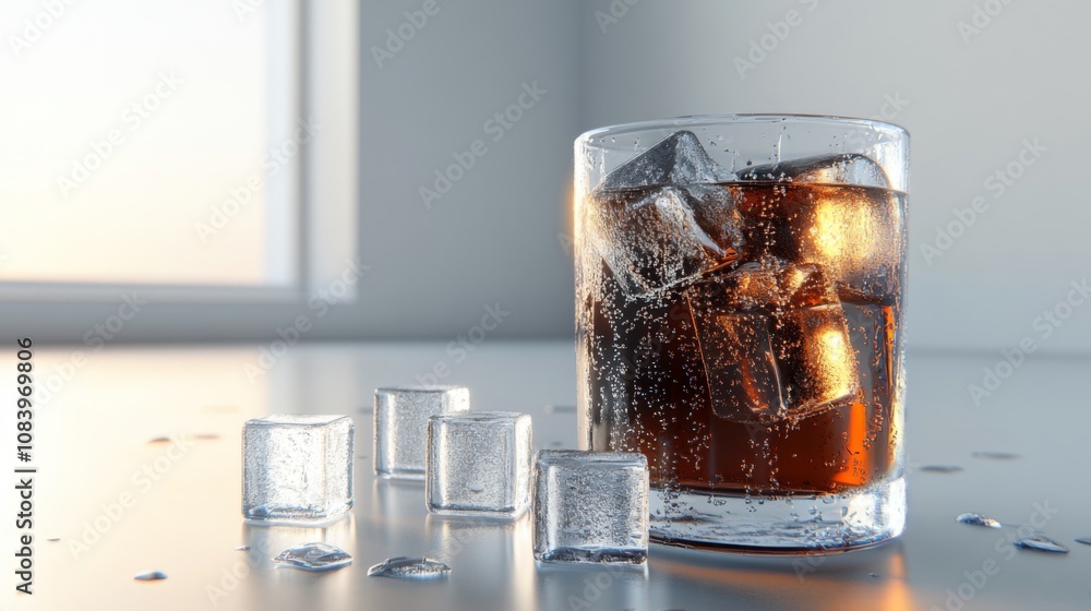 Poster Refreshing Glass of Cold Beverage with Ice Cubes on a Minimalist Table Setting Bathed in Natural Light from a Window for a Relaxing Atmosphere