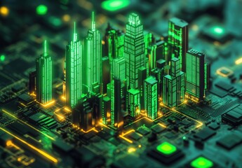 Obraz premium Cityscape on Circuit Board.