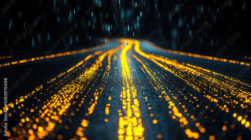 Poster digital road illuminated by yellow binary matrix on black background, futuristic technology pathway