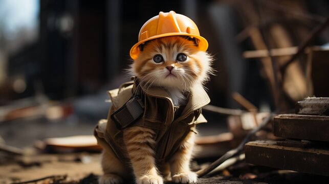 A kitten dressed as a builder at a construction site with safety helmet in biulding.