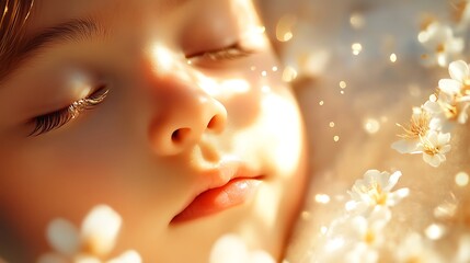 Fototapeta premium Newborn babyâ€™s face with tiny, delicate eyelashes, resting peacefully on a soft bed with light streaming through the window