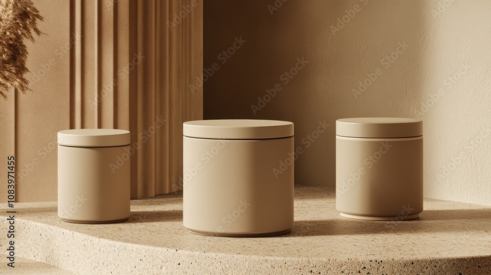 Poster three round containers are on a stone platform