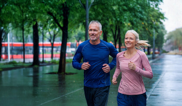 A middle-aged couple is jogging in the city park while it is raining. happy couple jogging together.
