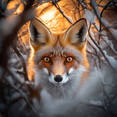 Obraz premium a close-up of a fox in a snowy forest during sunset
