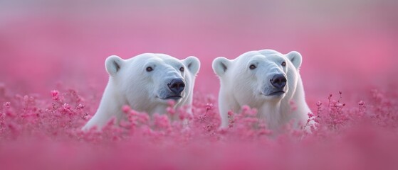 Obraz premium two polar bears in a field of pink flowers