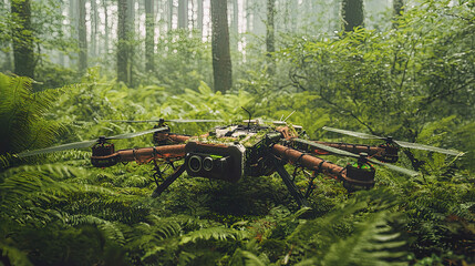 Biodegradable drone disassembling in a forest, vibrant eco-friendly materials