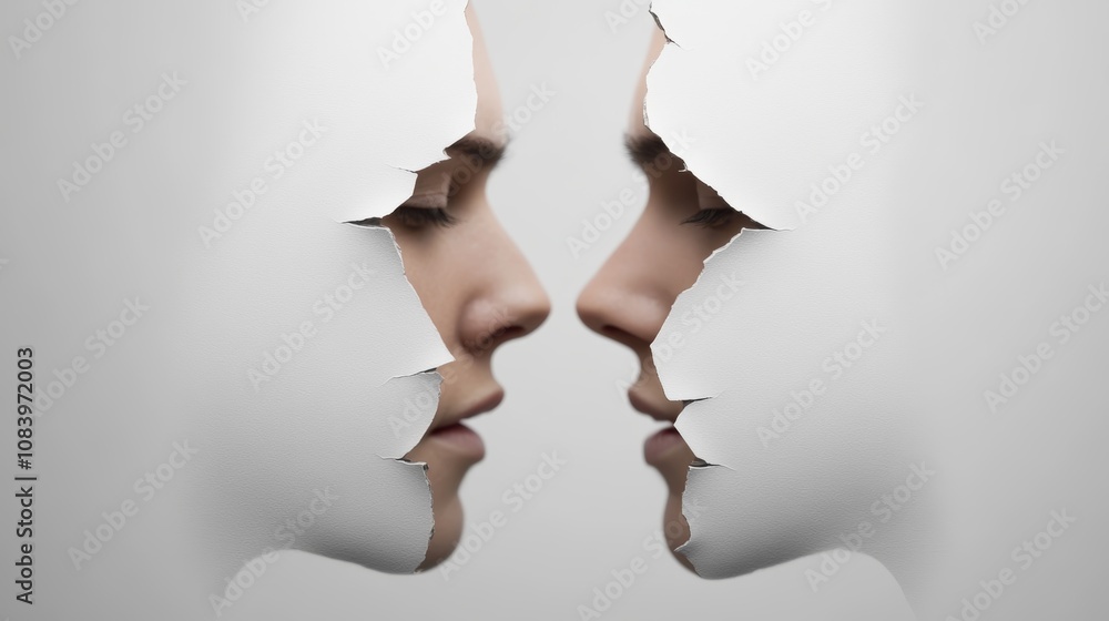 Aufkleber two faces emerging from torn paper, symbolizing connection and intimacy in a minimalistic artistic r