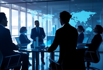 Corporate team strategizing in a collaborative meeting with digital technology tools for advanced marketing data analysis and informed investment decision-making in a modern business environment