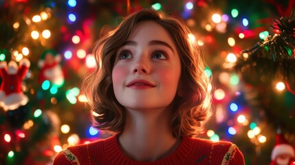 Joyful Child Gazing at a Glittering Christmas Tree Lights