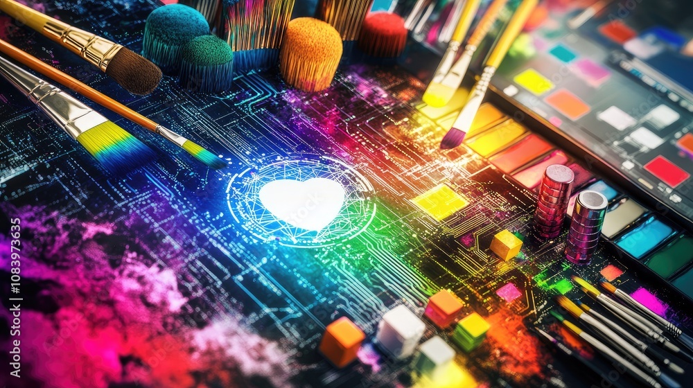 Poster here's a possible and keyword list for your stock photo.. colorful art supplies arranged around a gl