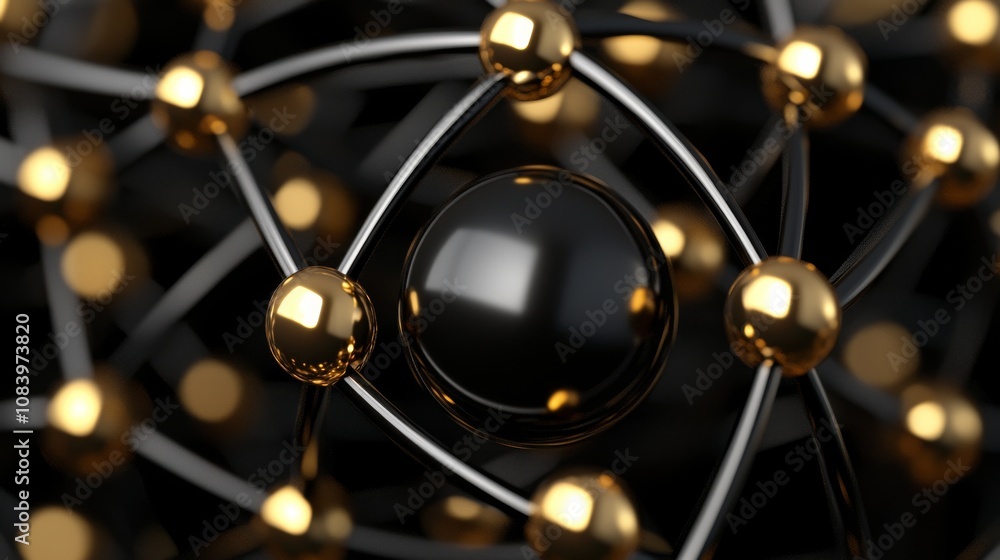 Poster a close-up view of an abstract atomic structure featuring black and gold spheres interconnected by t
