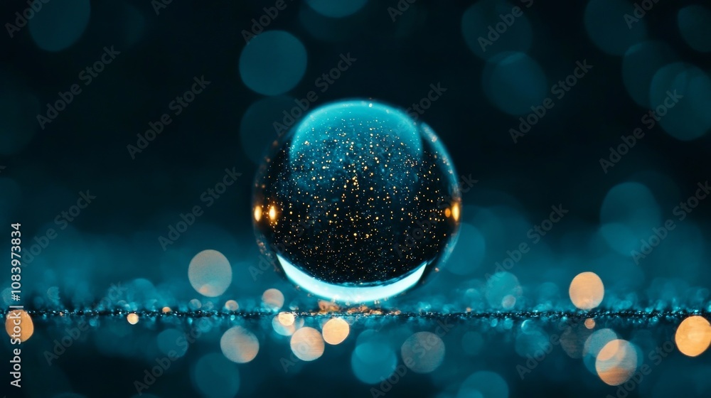Poster a shimmering sphere reflects light and colors against a blurred, bokeh backdrop, creating a captivat