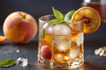Fototapeta premium Peach ice tea, Glass of refreshing drink, Sliced peaches, Ice cubes, Mint leaves, Condensation on glass, Dark moody background, Soft lighting, Food photography, Beverage styling, Summer drink, Rustic 