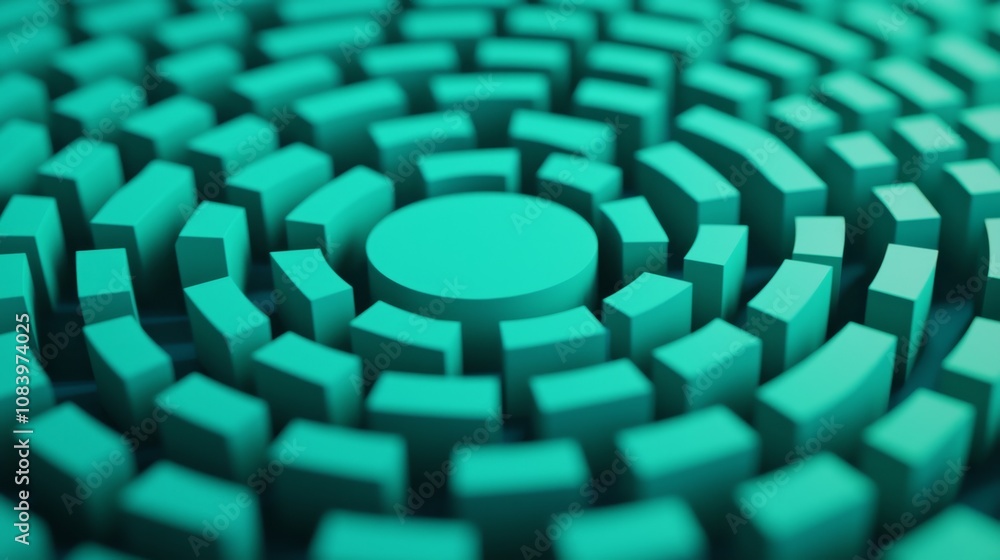 Poster a close-up of a teal, circular pattern consisting of layered, spiral-like segments that create an in