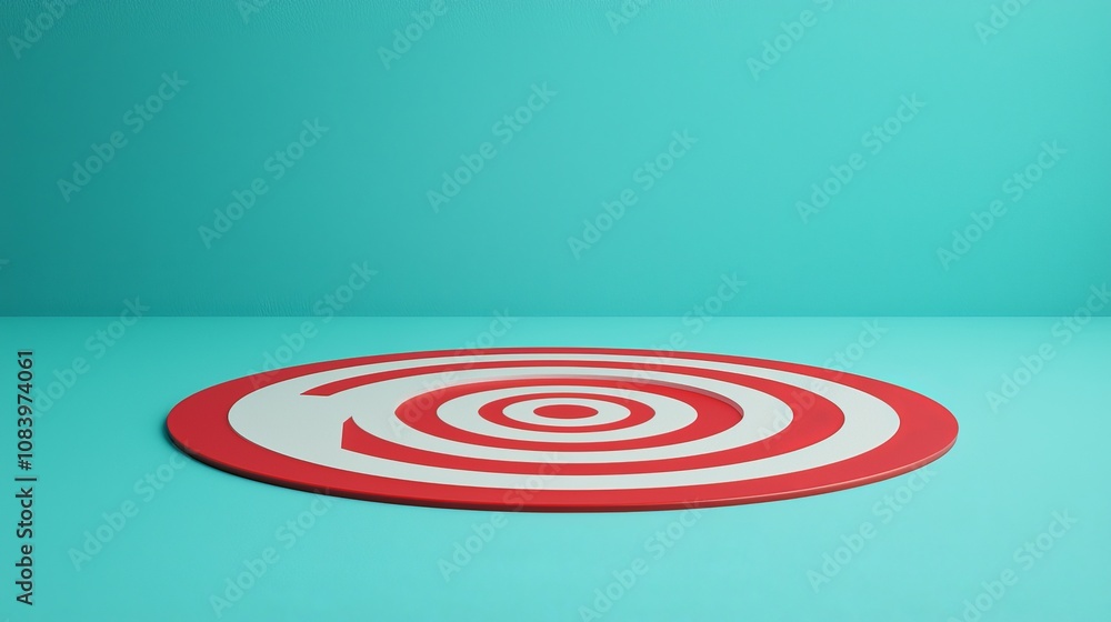 Poster a minimalist red and white spiral design on a teal background, creating a modern and playful visual 
