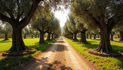 Obraz premium Rustic Country Road lined with Mature Olive Trees in Symmetrical Formation