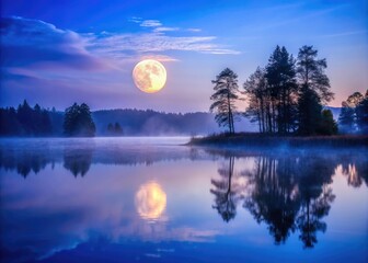 Full Moon Over Misty Lake at Dusk - Serene Low Light Photography for Tranquil Landscapes, Nature Lovers, and Nighttime Scenery