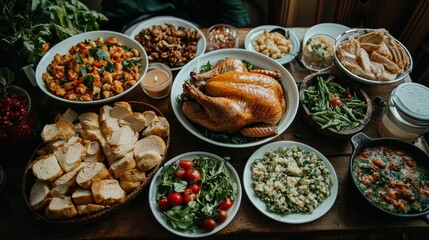 A vibrant spread of various dishes, including roasted chicken, salads, and sides, showcasing a delightful culinary feast set on a wooden table.