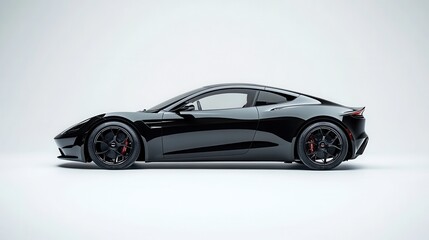 Fototapeta premium Sleek Black Electric Sports Car Side Profile, Modern Luxury Vehicle Design, Studio Shot on White Background