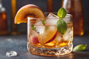 Fototapeta premium Peach ice tea, Glass of refreshing drink, Sliced peaches, Ice cubes, Mint leaves, Condensation on glass, Dark moody background, Soft lighting, Food photography, Beverage styling, Summer drink, Rustic 